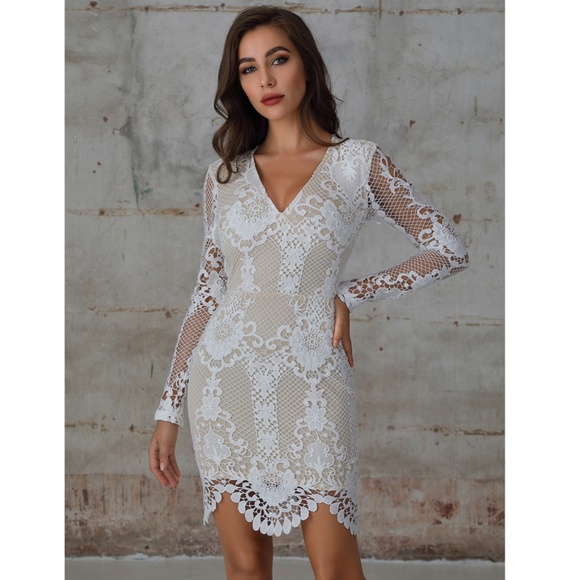 White Guipure V-Neck Bodycon Mini Dress - Picture 4 of 9